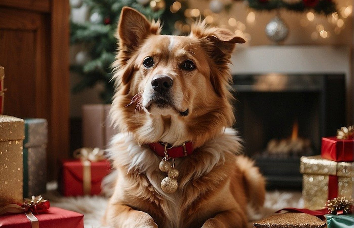 Handsome dog surrounded by Christmas presents with jingle bells collar 