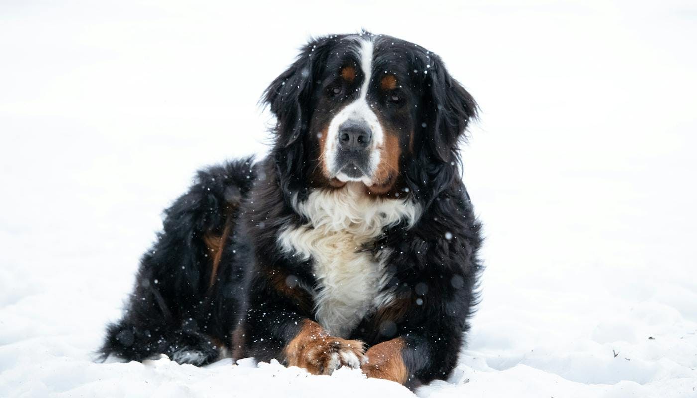 Bernese Mountain Dog chilling in the snow 