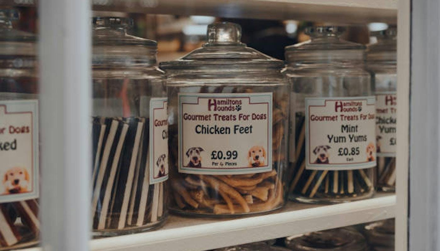 Chicken feet dog treats in jar