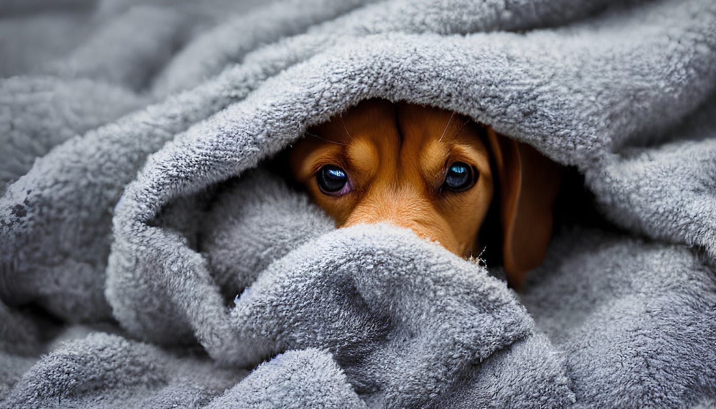 scared puppy hiding in blanket